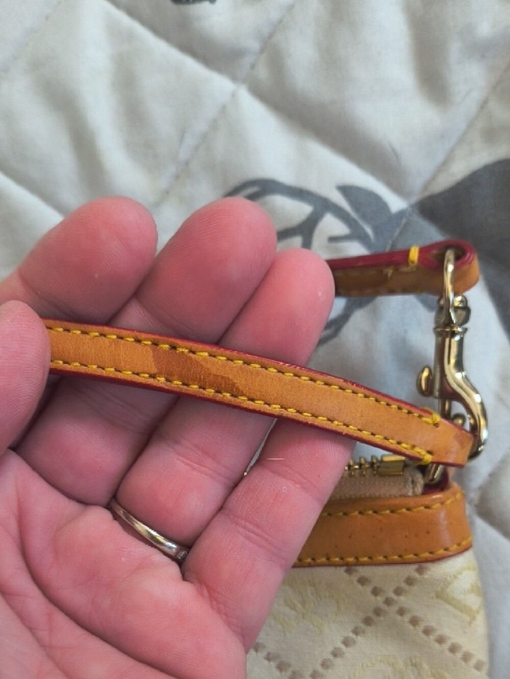 Dooney & Bourke Cream Canvas Wristlet with Tan Leather Trim and Gold Hardware - Picture 9 of 10